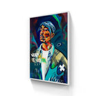 Vibrant pop art portrait of tupac in white bandana on limited edition aluminium panel with bold colors and graffiti text