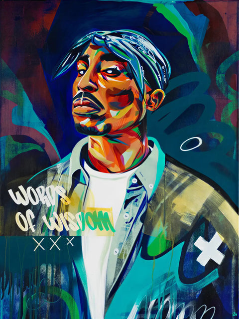 Limited edition aluminium artwork featuring a vibrant pop-art portrait of Tupac Shakur with a blue bandana