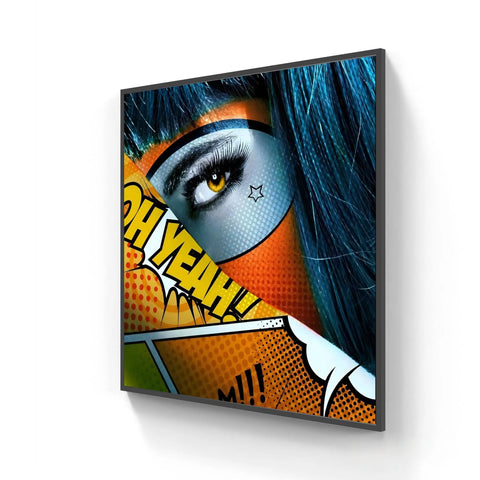 A vibrant limited edition aluminium pop art canvas featuring a stylized eye with bold black lashes and golden iris framed in dark gray