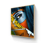 Vibrant pop art canvas oh yeah limited edition aluminium with stylized eye golden iris and bold black lashes in light wood frame
