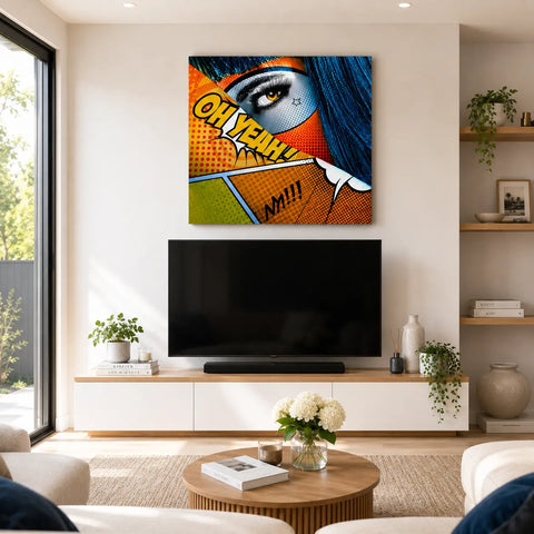 Oh Yeah limited edition aluminium canvas with vibrant pop art eye, bold blue hair, and orange green comic background